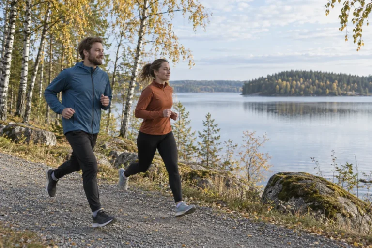 Kaksi kuntoilijaa juoksemassa järvenrantapolulla