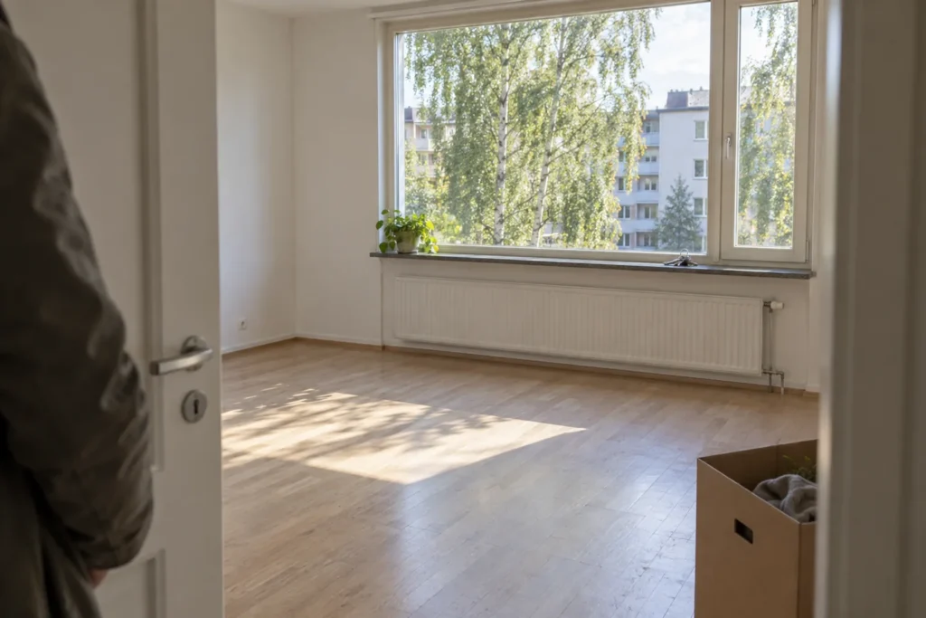 Valoisa tyhjä asunto ja muuttolaatikko