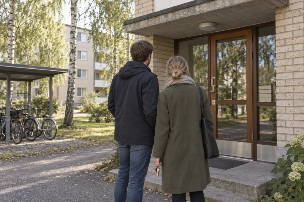 Pariskunta kerrostalon sisäänkäynnillä