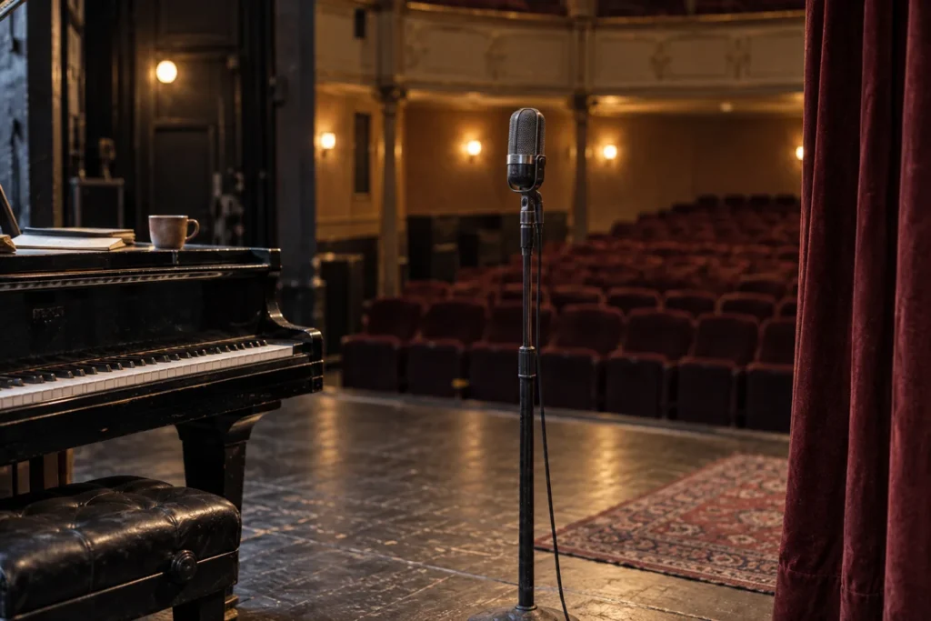 Mikrofoni ja piano pienellä teatterilavalla