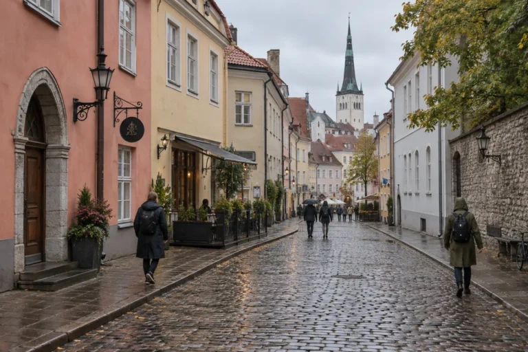 Sateen jälkeinen katunäkymä Tallinnassa