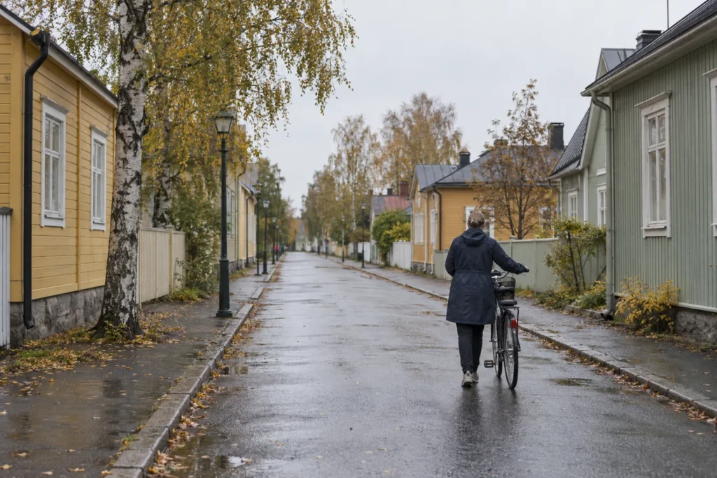 Sateen jälkeinen puutalokatu ja polkupyörää taluttava kulkija