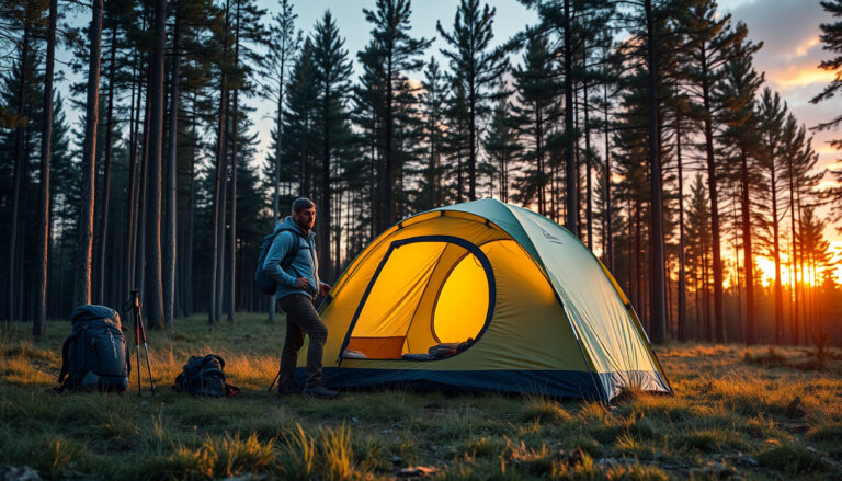 Vaeltaja pystyttää pientä vaellustelttaa metsäaukealla iltavaloissa rinkka ja trekkisauvat vieressä