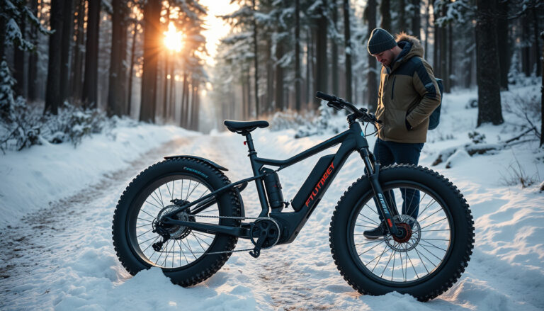 Leveärenkainen sähköfatbike talvisen metsäpolun varressa, pyöräilijä tarkastelee pyörää ennen ostopäätöstä.