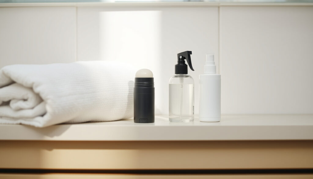 Kylpyhuoneen hyllylläNeutral muotoinen deodoranttipuikko, roll-on ja suihkepullo pyyhkeen vieressä aamuisin valaistuksessa