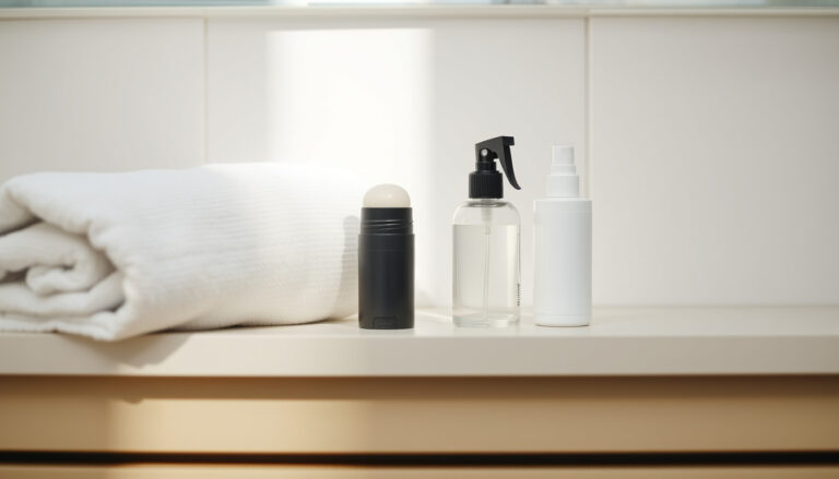 Kylpyhuoneen hyllylläNeutral muotoinen deodoranttipuikko, roll-on ja suihkepullo pyyhkeen vieressä aamuisin valaistuksessa