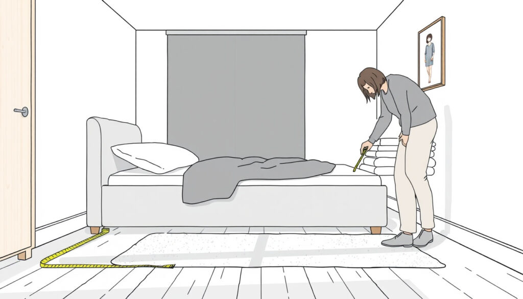 Henkilö mittaa pientä makuuhuonetta mittanauhalla 120 cm leveän verhoillun säilytyssängyn vieressä, patjakerroksia lattialla