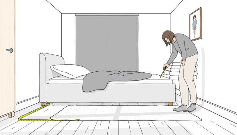 Henkilö mittaa pientä makuuhuonetta mittanauhalla 120 cm leveän verhoillun säilytyssängyn vieressä, patjakerroksia lattialla