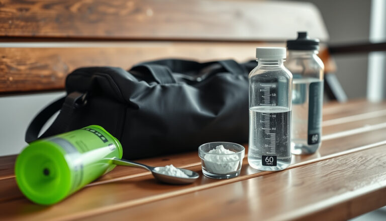 Pieni 60 ml:n pre-workout-shotti, kulho jauhetta mittalusikalla ja vesipullo puinen penkin päällä ennen treeniä.